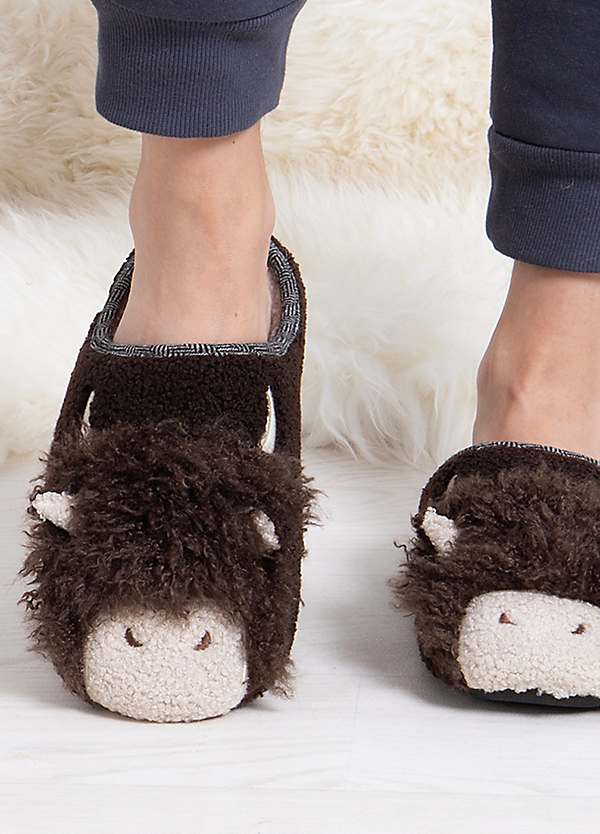Totes Men's Novelty Highland Cow Applique Mule Slippers Grattan