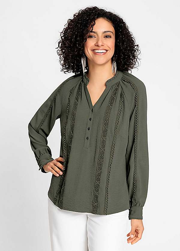 Witt Long Sleeve Lace Trim Button-Up Blouse Grattan
