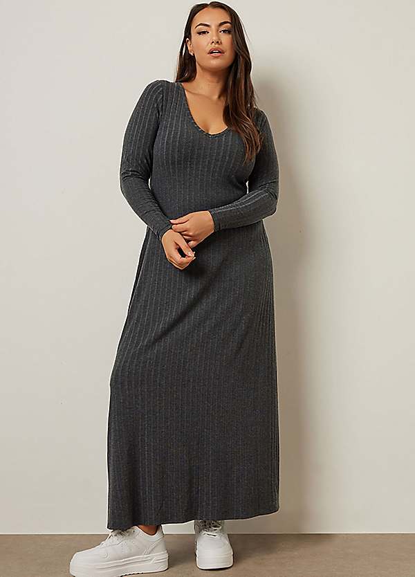 Yours Curve Charcoal Grey Ribbed Flare Maxi Dress | Grattan