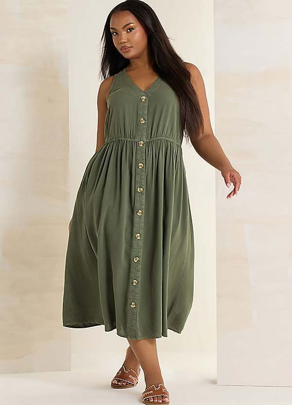 Yours Curve Khaki Green Sleeveless Button Through Chambray Dress | Grattan