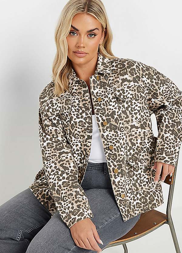 Yours Curve Leopard Print Twill Denim Jacket | Grattan